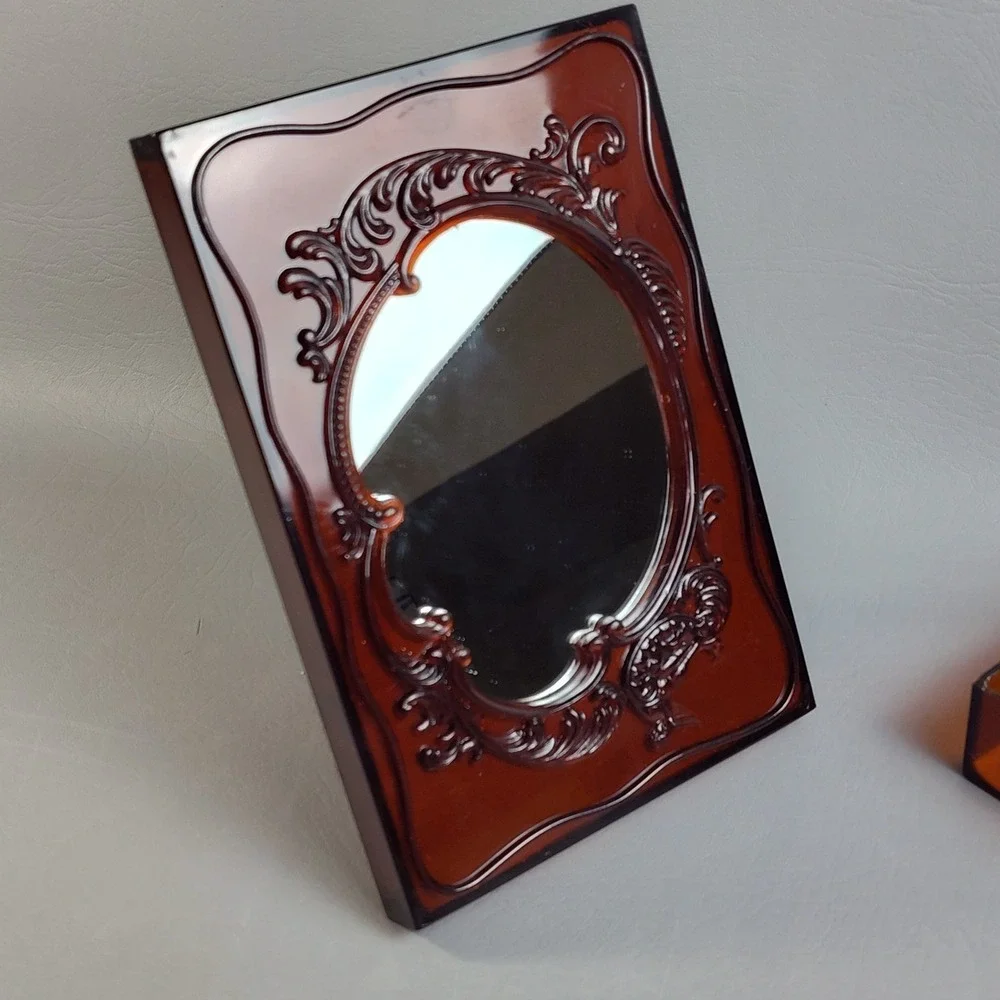 Vintage MCM Vanity‎ Jewelry Box With Freestanding Mirror Frame Lid Amber